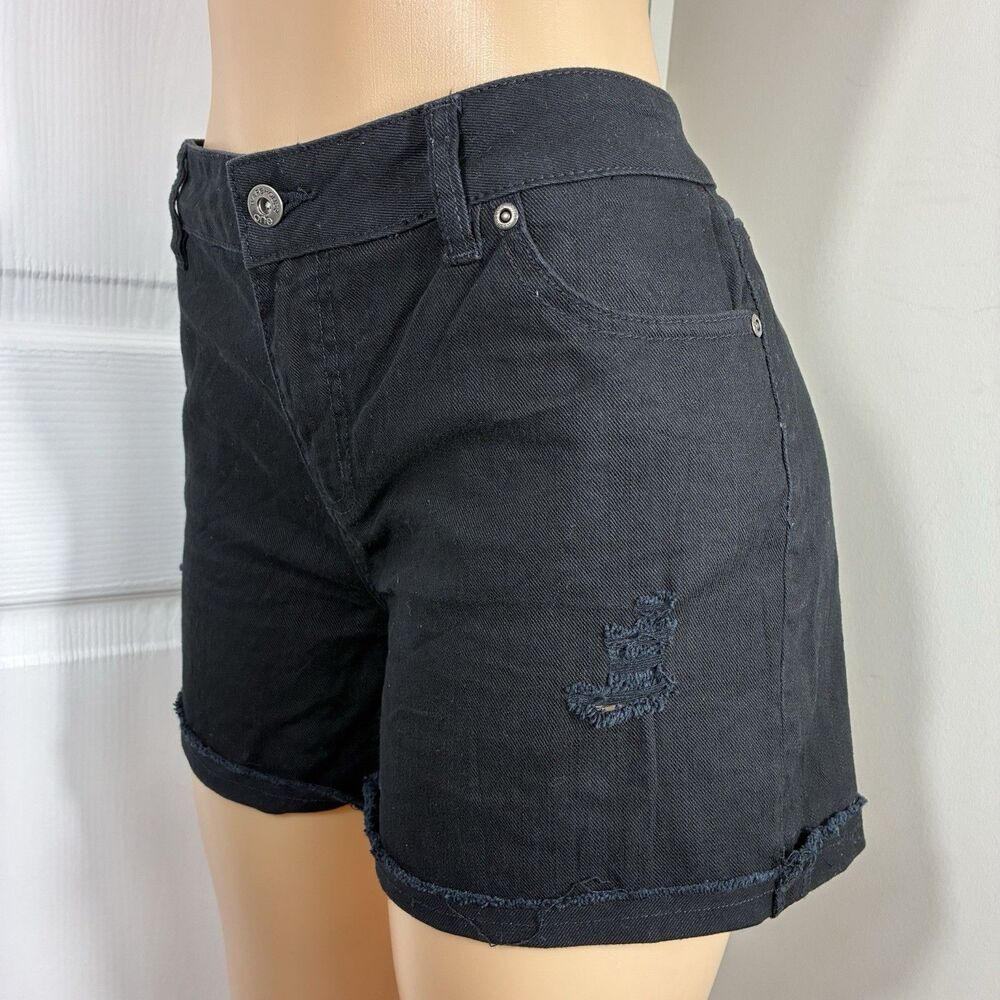 Warehouse One Women’s Shorts Sz 12 Black Denim raw cuffed Hem distressed stretch